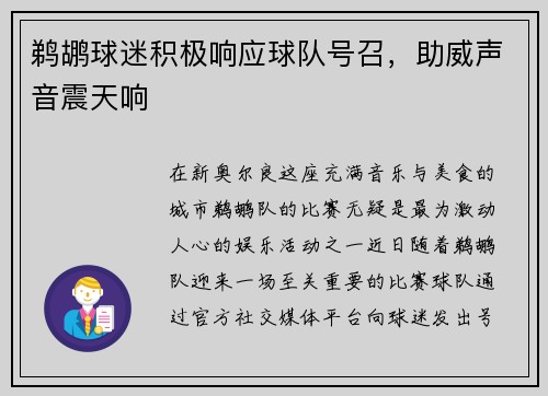 鹈鹕球迷积极响应球队号召，助威声音震天响